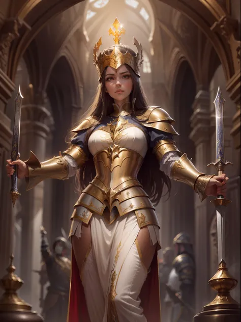 Look from the bottom up，low  angle shot，Highly detailed portrait of Paladin Guinevere，Wear armor，shelmet，epee，big sword，Cross sword，sword，Silvertone，holy rays，god light，medieval times，Noble，setia，Servant of Jesus，Solemn，Gold accents，epic fantasy digital ar...