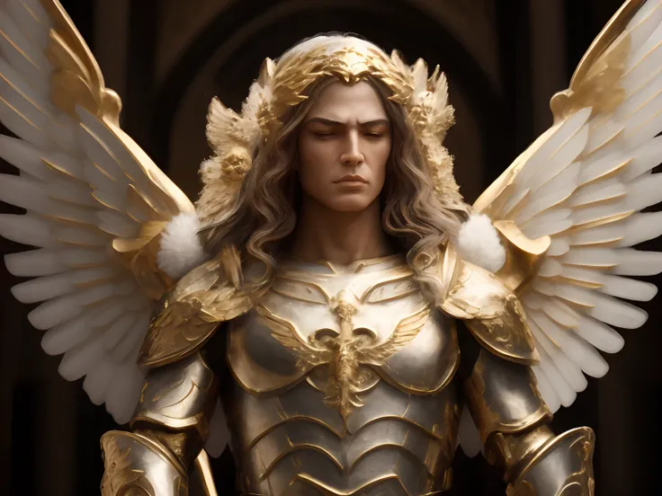 a close up of a statue of a woman with wings, angel in plastic armor, unreal motor render saint seiya, Armadura Dourada Angelical, Anjo majestoso de corpo inteiro, arcanjo, 4K fantasia detalhe, unreal engine render + uma deusa, gold wings on head, obra-pri...