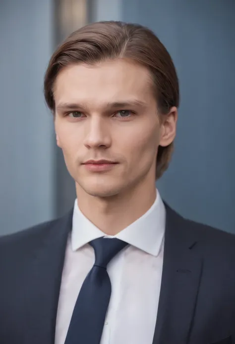 best quality,ultra-detailed,realistic,professional,portraits,serious expression,sparkling eyes,dark hair,sharp facial features,((Erling Haaland))youthful appearance,tidy hairstyle,stern look,strong jawline,pinstriped suit,crisp white shirt,mature pose,slee...