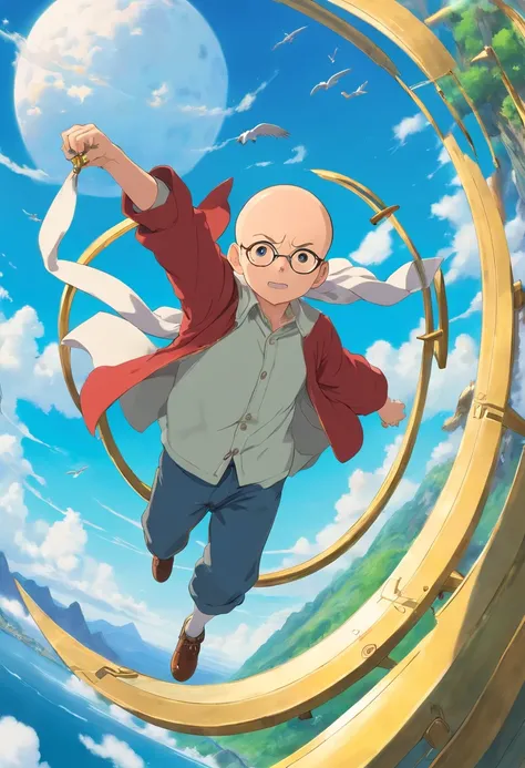 a teenage bald boy, gliding with three jugling ring; anime style; detailed; beautyful