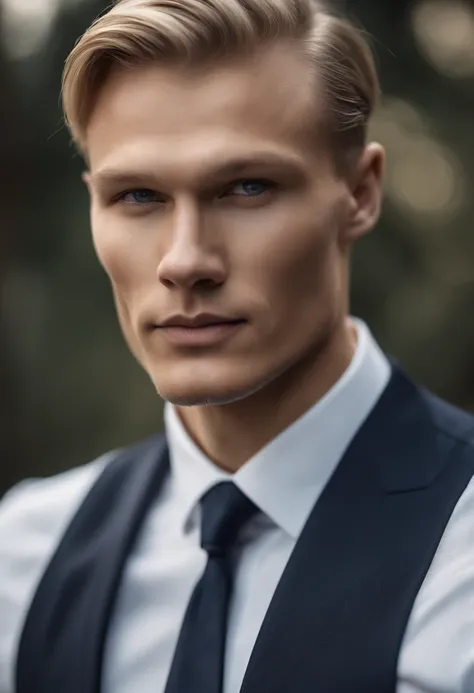 ((Erling Haaland)), best quality,ultra-detailed,realistic,professional,portraits,serious expression,sparkling eyes,dark hair,sharp facial features,youthful appearance,tidy hairstyle,stern look,strong jawline,pinstriped suit,crisp white shirt,mature pose,sl...