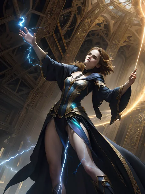 Emma Watson as a powerful mysterious sorceress, casting lightning magic, detailed clothing, digital painting, hyperrealistic, fantasy, Surrealist, full body, by Stanley Artgerm Lau and Alphonse Mucha, artstation, highly detailed, sharp focus, sci-fi, stunn...