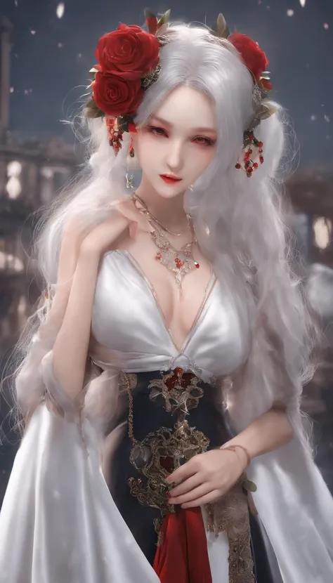 (Max Quality)，(depth offield)，(full body)，lovely，Rich Detail，1girl，(white hair)，Two-dimensional，long ponytail，Light red eyes，Red hair accessories，Sleeveless，open shoulders，Crop topping，hands placed behind the back，sideways，[facce blushing]，Poker face，，nigh...