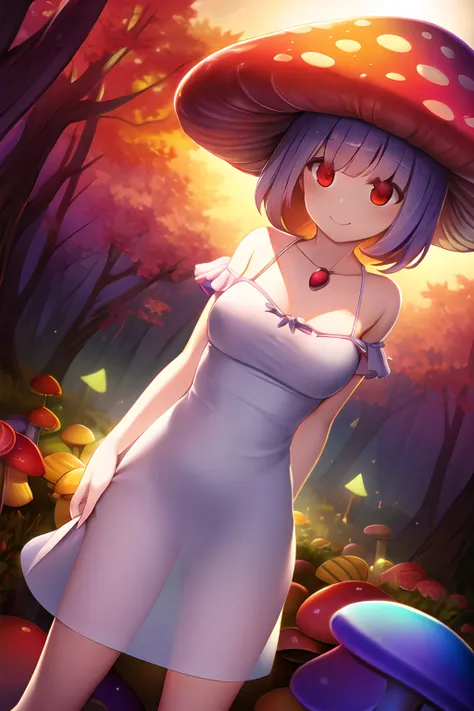 masterpiece, super detail, best quality, mushroom_girl, negligee, red eyes, smile, mushroom forest, autumn, dutch angle