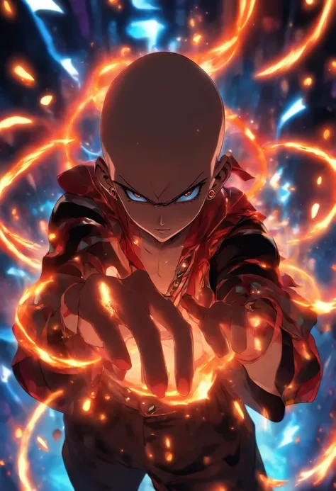 a dark teenage bald boy, with circus clothes and three jugling ring; anime style; detailed;