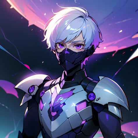 1boy, shiny colors, light particles, light armor, cold colors, shades of purple, short hair, white eyes