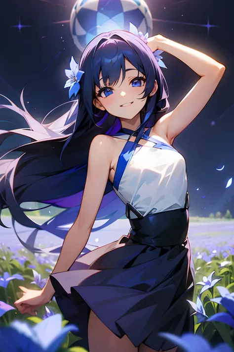 1girl, dark blue long hair, blue eyes, smiling, flower field, criss-cross halter, sleeveless white shirt, purple skirt, mole, small breasts