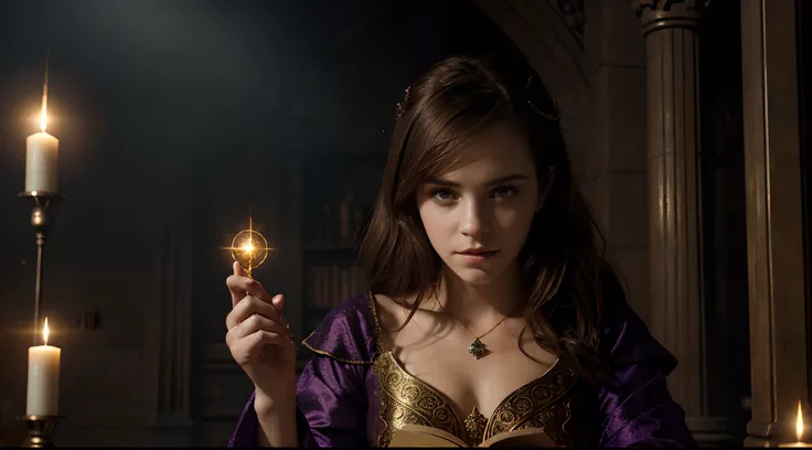 Create a captivating portrait of Emma Watson as a wizard in a mystical tower, casting a powerful spell, set in a world where magic reigns supreme. The environment should be filled with ancient tomes, enchanted artifacts, and swirling mystical energy, all b...