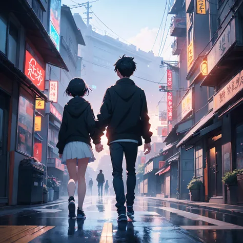 1 girl and 1 boy, they are walking down the street holding hands, ross tran and makoto shinkai, artwork in the style of guweiz, inspired by Liam Wong, makoto shinkai cyril rolando, guweiz and makoto shinkai, tokyo anime scene, loish and ross tran, sakimich...