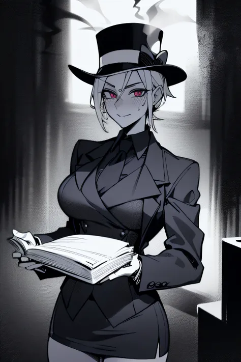 magister，Top hat，magic book，perfect pubic，succinct, best quality, masterpiece, best shadow, shade, beautiful lighting, High Contrast, modeus with heart shapes and heart shaped pupils, coffee shop, night, colored lights,formal wear, skirt suit, (((three-pie...