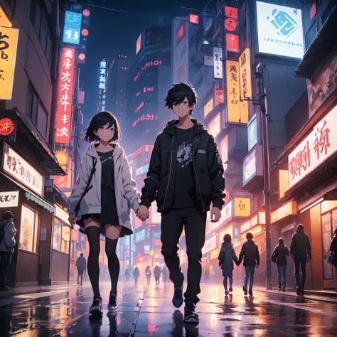 1 girl and 1 boy, they are walking down the street holding hands, ross tran and makoto shinkai, artwork in the style of guweiz, inspired by Liam Wong, makoto shinkai cyril rolando, guweiz and makoto shinkai, tokyo anime scene, loish and ross tran, sakimich...