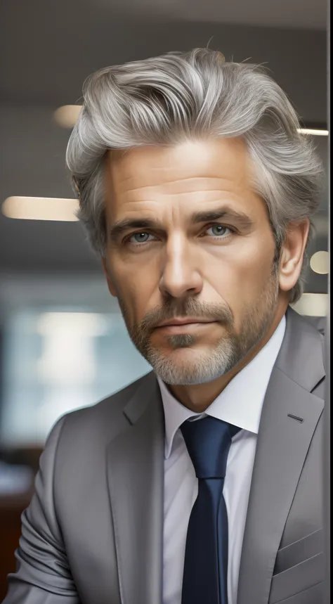 40 year old man gray hair in suit, Elegante en su oficina, full hd realístico