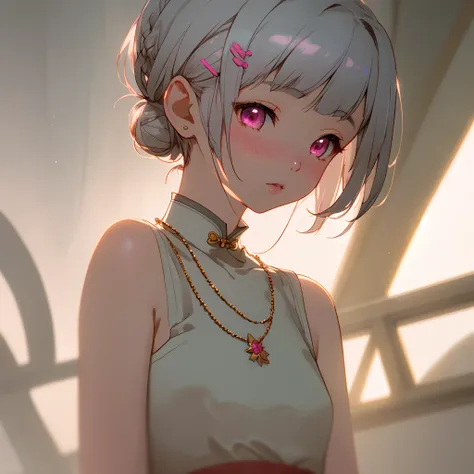 女の子 1 人、Short hairstyle with silver hair and bob, Hair tied in a bun with a hair clip, Pink eyes、small tits、cheongsam、hair adornments、a necklace、jewely、beautiful countenance、upon_body、Tindall Effect、Photorealsitic、Dark studio、Rim Lighting、two tone lighting...