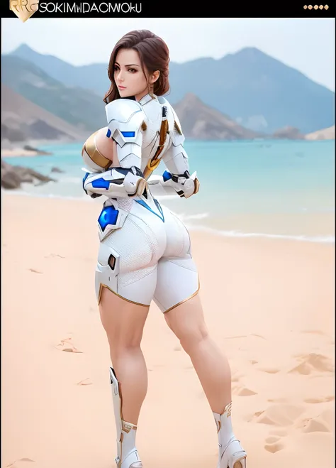 WOMAN, BEAUTIFULL FACE, HUGE BOOBS, RGB, WHITE, GOLD, RED, MECHA ARMOR FULL SUIT, (CLEAVAGE), TRANSPARANT, TALL LEGS, STANDING, SEXY BODY, MUSCLE ABS.