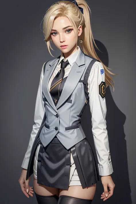 mercyover, 1girl, mercy (overwatch), (((skirt suit))), (((three-piece suit))), dress shirt, (((necktie))), (((blazer))), (((suit...