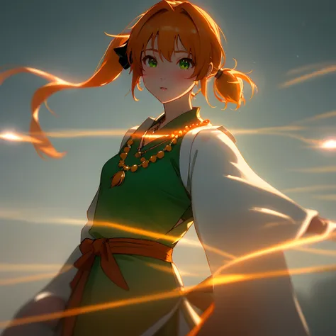 女の子 1 人、Orange hair,Glowing green eyes,Side Ponytail、Cheongsam、hair adornments、a necklace、jewely、beautiful countenance、Inserting a into the_Body、Tindall Effect、Photorealsitic、Dark Studio、Rim lighting、two tone lighting、(high-detail skin:1.2)、 softlighting, ...