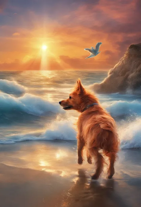 Masterpiece Level, Amazing style, A red dog of the Norwich Terrier breed runs along the seashore, The bright sun is shining, The spray of the waves shimmers in the light, Two dolphins can be seen from the water