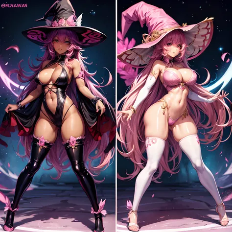 Anime fullbody black skin sexy female with pink afro in sexy revealing witch outfit