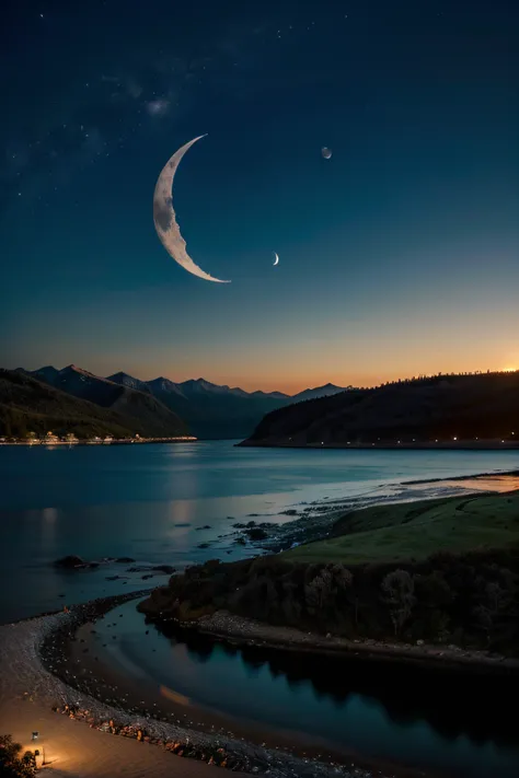 Create a picture with a bright crescent moon in the night sky, with a stunning landscape all around. The moon is softly illuminating the scene, which could be a beach, mountains, forest or any other natural environment. The image conveys a feeling of peace...