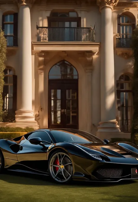 (realistic,photorealistic:1.37),(millionaire couple:1.1),standing together,(in front of a Ferrari F8:1.1) and a mansion with a garden,(detailed,richly detailed),(sunlit lighting),(8k resolution,and HDR effect),(warm tones),(rich atmosphere).