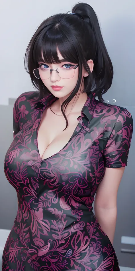 masterpiece, best quality, beautiful young woman with glasses, shiny blue eyes, (detailed pupils:1.2), eyelash, beautiful black hair, streaked hair, multi color, short hair, perfect face, detailed,