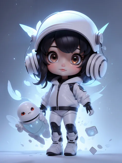 fully body photo，Beautiful female alien，Small and cute，Wearing a black and white mech ，Big cute eyes，dreamy glow，Ren，White background，globalillumination，Ray traching，hdr，The rendering is not realistic，reasonable design，high detal，tmasterpiece，Best quality ...