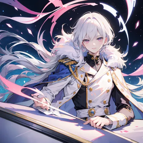 (masterpiece)high quality,top quality,64k,high detail,anime boy, white hair,pink eyes,wearing a white regal military uniform,with a  blue fur cape,resting his headon a grand table