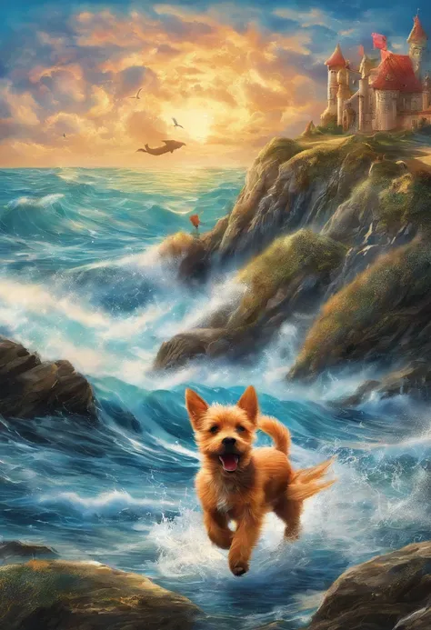 Very detailed background, Masterpiece, With the best quality, A red dog with a black back of the Norwich Terrier breed runs along the seashore, The bright sun is shining, The spray of the waves shimmers in the light, Two dolphins can be seen from the water