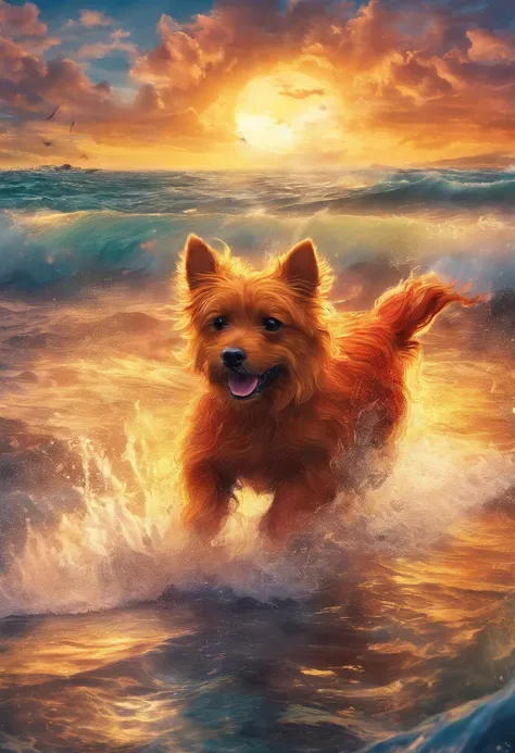 Very detailed background, Masterpiece, With the best quality, A red dog with a black back of the Norwich Terrier breed runs along the seashore, The bright sun is shining, The spray of the waves shimmers in the light, Two dolphins can be seen from the water