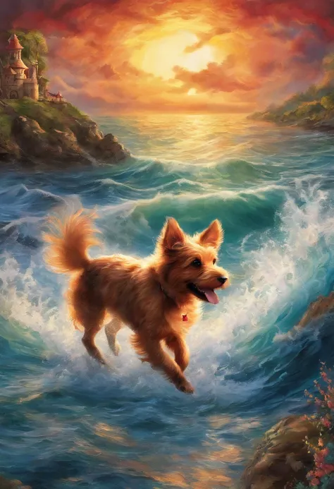 Very detailed background, Masterpiece, With the best quality, A red dog with a black back of the Norwich Terrier breed runs along the seashore, The bright sun is shining, The spray of the waves shimmers in the light, Two dolphins can be seen from the water