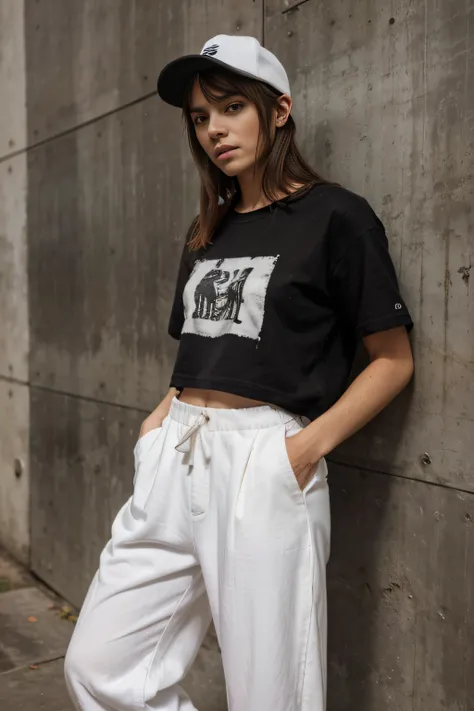 modelo loira magra, with black cap on his head, hands in a pocket, white sneakers, Wide pants, encostada em uma parede descascando, com uma blusa preta larga estampada com um desenho animado verde cana, fotografia, realista, natural, corpo inteiro, standin...