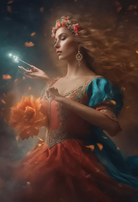 Arte Oficial, Unidad 8K Fondo de pantalla, Ultra detallado, beautiful and aesthetic, Alas transparentes y coloridas, holding a magic wand,Beautiful, Obra maestra, La mejor calidad, (Zenredar, mandala, enredo, enredar), (Ecstasy of the flower:1.2) Dynamic A...