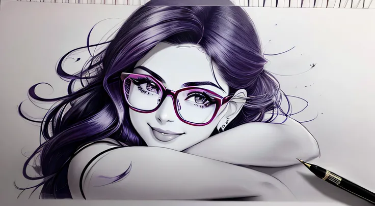 drawing with ballpoint pen: mulher bonita, com olhar sedutor, bespectacled, cabelos ondulados, com piercing no lado direito do nariz, com leve sorriso, em pose provocante, espirrando, raspando, em papel gofrado, papel grosso