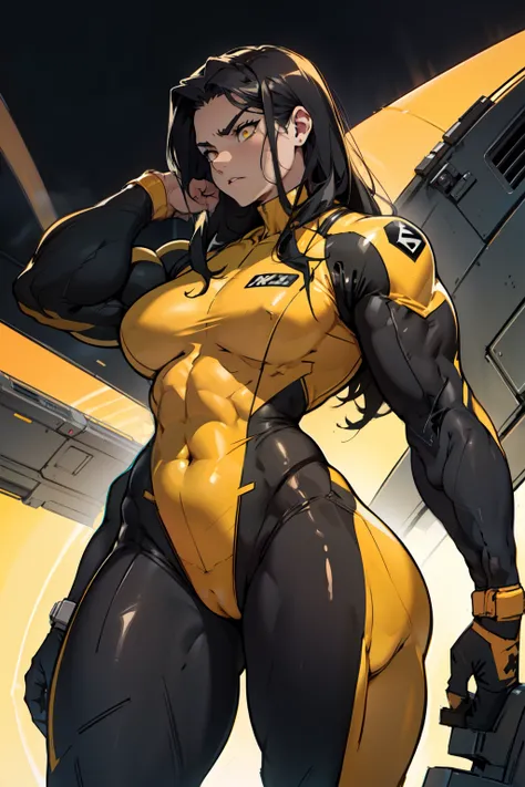 1 girl pale skin black hair yellow eyes long hair angry (((muscular toned body bodybuilder curvy wide hips thick thighs body suit pilot suit))) (dark atmosphere)