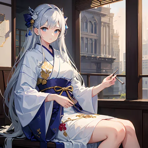 (​masterpiece、top-quality:1.3)、1girl in、nice hand、Silver hair, kimono dress