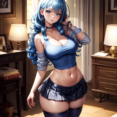 (masterpiece, best quality), 1girl, blue curly hair, crop top, pleated skirt, bedroom, striped thighhighs, cleavage, wide hips, hourglass figure,