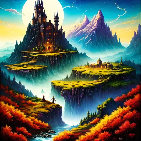 In a mysterious, enchanting 80s style dark fantasy, an all-powerful wizard gazes out at a breathtakingly beautiful landscape from the peak of a majestic mountain. The scene unfolds with an intricate blend of realism and fantasy, expressing the essence of a...