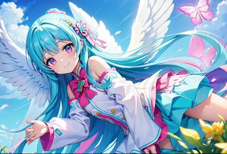 Big wings of colorful glowing angels、Kawaii Girl、adorable smiling、Light blue long hair、Twin-tailed、Colorful angel costume((top-quality))、((​masterpiece))、(ighly detailed、highestdetailed、Official art、Beautifully Aesthetic:1.2)