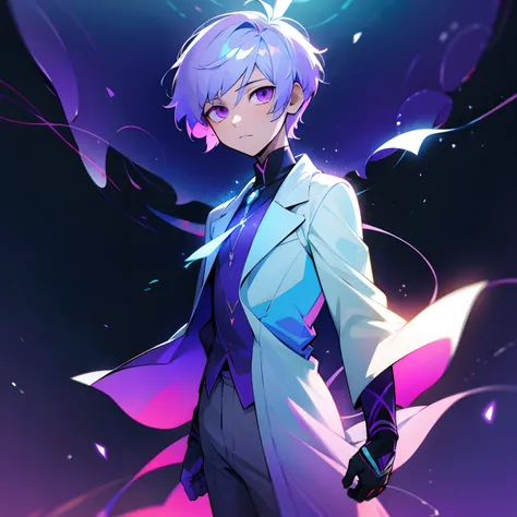 1boy, shiny colors, light particles, light clothes, cold colors, shades of purple, short hair, white eyes