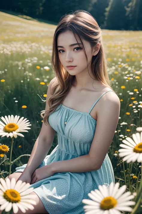 ((Film grain, bokeh, light particles ,Dust, Extreme camera angle)),In the hands of a chamomile flower,Loves? Dislikes? plucks chamomile petals,,,, Divination on a daisy, Girl 16 years old, Russian girl, Sitting in a meadow with daisy flowers, light polka d...