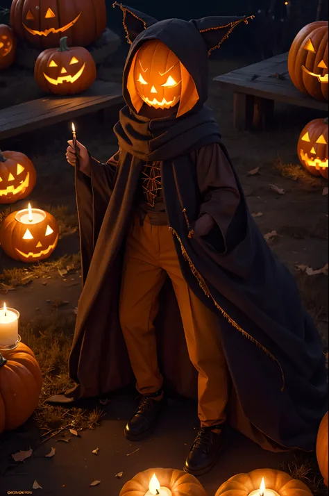 Create a character with a Halloween costume on the pumpkins body and head, Halloween scenery with cobwebs lit candles, 4K ultra-high-definition image