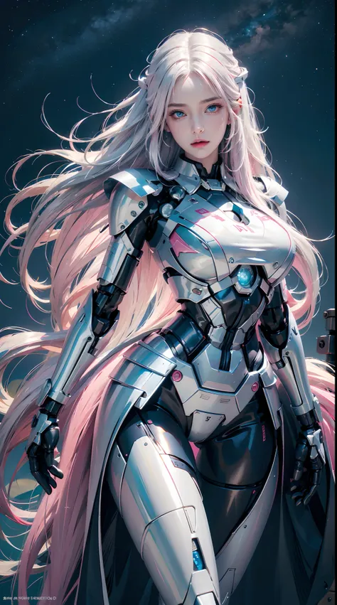 photorealistic, high resolution, 1women, shining skin, solo, tattoo, jewelry, pink lip, long hair, white hair, blue eye, closed mouth, hips up, mecha musume,mechanical parts, robot joints,single mechanical arm, star sky, halo ground