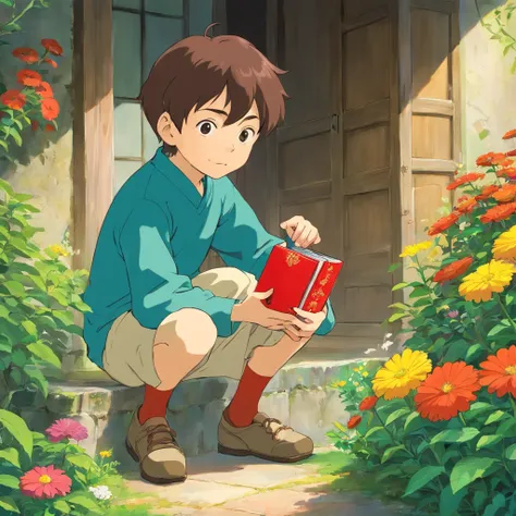 a young boy children of the town; He had a special gift. When he touched any object, whether it was a toy, a flower or even a simple stick, it came to life,n the style of tranquil gardenscapes, colorful animation stills, masami teraoka, aquamarine, paul ga...