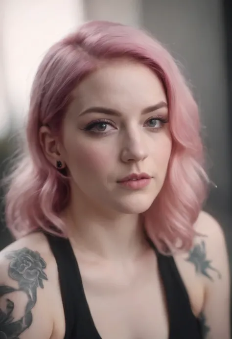 A pale curvy woman with pink hair, with black new world order tattoos all over her chest