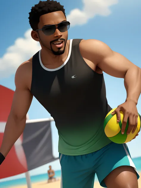 A pixar style Very black man, thin, short and strong, bald, with a bright green shirt, sunglasses playing Beach Tennis