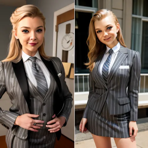 masterpiece, ,(solo:1.1), Natalie Dormer, perfect face, (bright lighting:1.2),beautiful detailed eyes, close up, extremely detailed face, perfect lighting,masterpiece, best quality, ((mature female)), milf, 1 woman, (((light grey pinstripe skirt suit))), (...