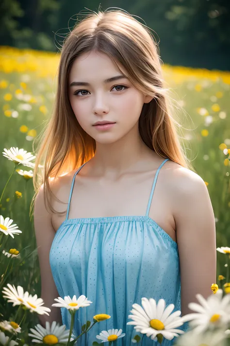 ((Film grain, bokeh, light particles ,Dust, Extreme camera angle)),Bouquet of daisies in hands, plucks chamomile petals,,ssmile, Divination on a daisy, Girl 16 years old, Russian girl, Sitting in a meadow with daisy flowers, light polka dot sundress,Makeup...