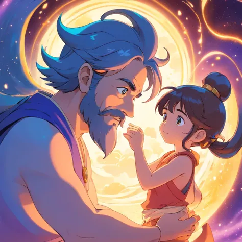 a magical genie with a long beard and twinkling eyes with a young child