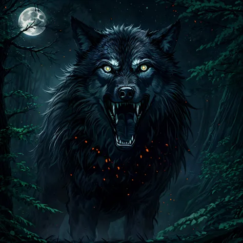 tags: dark wolf, moonlight, mysterious, sharp teeth, glowing eyes, haunting, midnight, eerie atmosphere, solitude, Forest presents high-quality images of dark wolves staying in the moonlight。To achieve this effect, the following points need to be followed：...