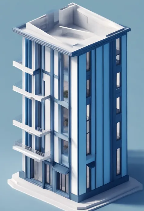 Isometric of a residential building, axonometry, two colors, cad style, blue lines white fill, dualtone, light blue flat shadows. light gray background